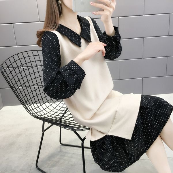 

room 156453, row 8, no. 2, middle] actual p of new chiffon splicing square neck wave point fake two dresses 65, White