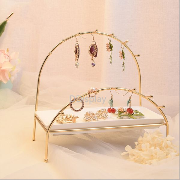 

[ddisplay]vintage plating metal semi-circular jewelry display with white resin tray necklace receptacle stand earring metal storage rack, Black