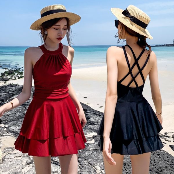 

female conservative fairy fan belly skinny chest gathered swimsuit swimsuit backless spring swimming, White;black