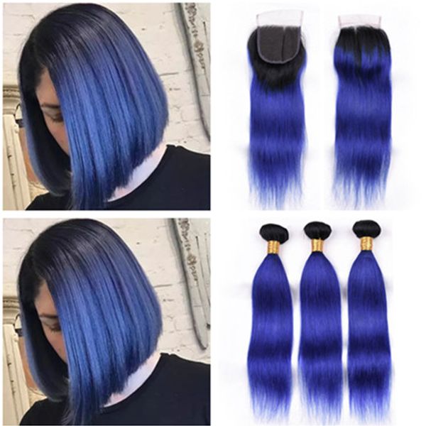 2019 Cheap Malaysian Human Hair Dark Blue Ombre Straight 3bundles