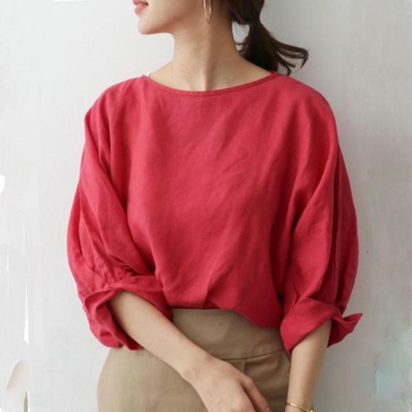 

korean style 2020 women summer solid o-neck red three quarter casual regular blouse minimalist office lady retro, White