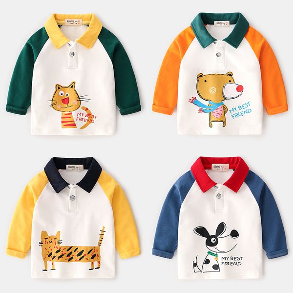 

NEW Boys Kids 100%Cotton Lont Sleeve cartoon Animals print T shirt boys causal Spring Fall Turn Down Collar T shirt 4 Colors 90-130CM