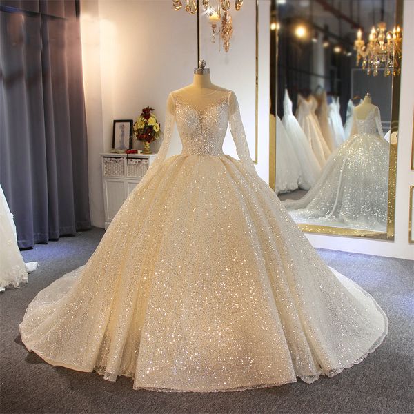 

spakly shinning sequins ball gown wedding dresses sheer neck long sleeve lace-up backless wedding dress floor length bridal gown, White