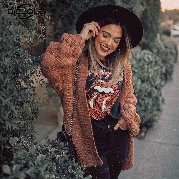 

winter 2019 lantern sleeve women long cardigan elegant open stitch sweaters female oversized thicken warm knitted jacket coat, Black;gray