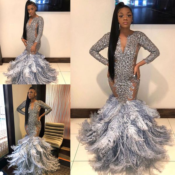 

2020 elegant prom dresses v neck long sleeves evening gowns custom made lace appliques sequin feather sweep train special occasion dress, Black