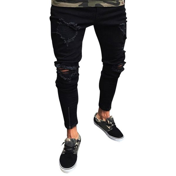 

mens skinny ripped destroyed jeans trousers cool ripped black jeans brand design pants stretch hip hop pencil pants, Blue