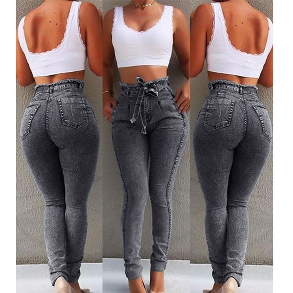 

2019 women's jeans slim stretch fringe belt high waist jeans women, Blue