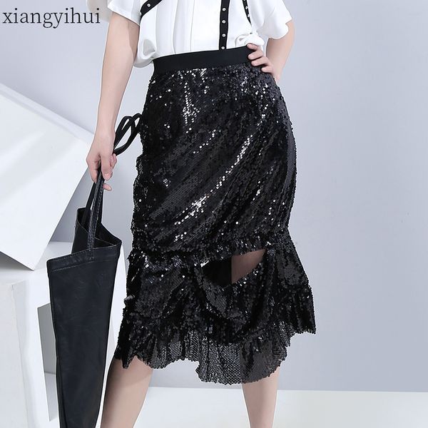 

sexy sequined черный юбка партии клуба асимметричные юбки мода лето 2020 женщины упругие талии до колен юбки новых женщин, Black