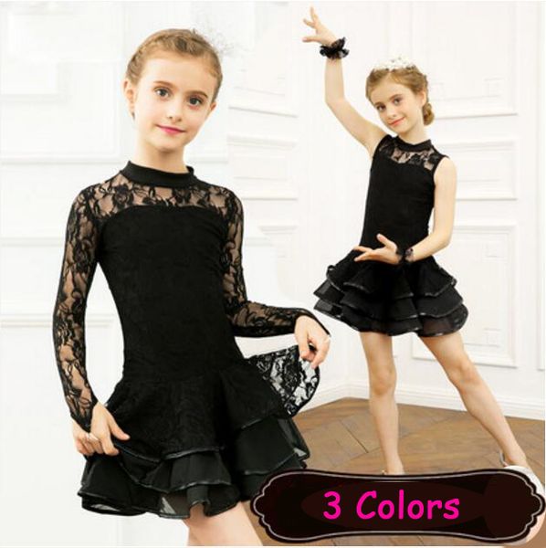 

lace sequin kids ballroom dresses tango salsa latin dance dress children red black lace dress for girls long sleeve, Black;red