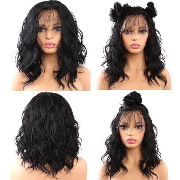 

glueless lace front wigs short bob natural wave realistic looking natural synthetic lace front wig for women with baby hair, Black;brown