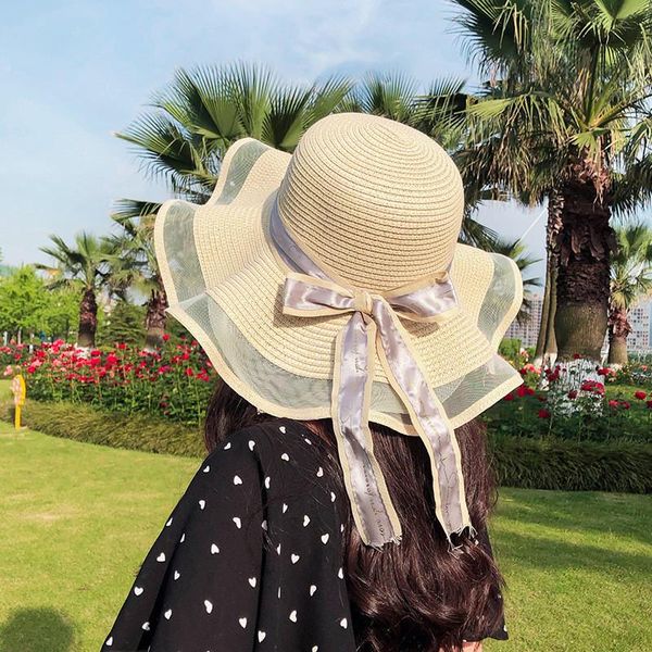 

fashion straw hat women wide brim hats bow designer sun hat summer beach hats breathable hat summer thin hats, Blue;gray