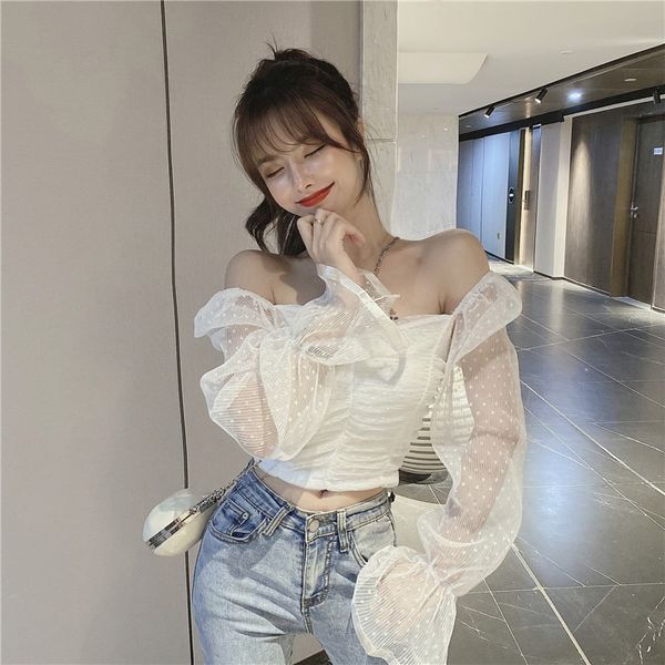 

women dressises 2020 early autumn new square collar pleated bell sleeve careful machine all-match slim short shirt women, White