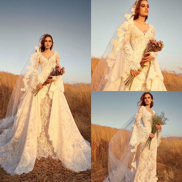 

2020 zuhair murad overskirt wedding dresses lace appliqued long sleeve bridal gowns with detachable train custom made country wedding dress, White