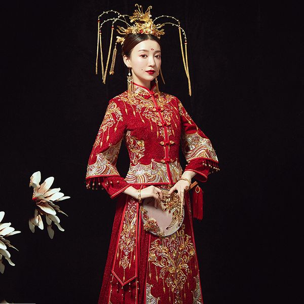 

chinese style female phoenix cheongsam exquisite suzhou embroidery wedding dress vintage mandarin collar tang suit clothing, Red