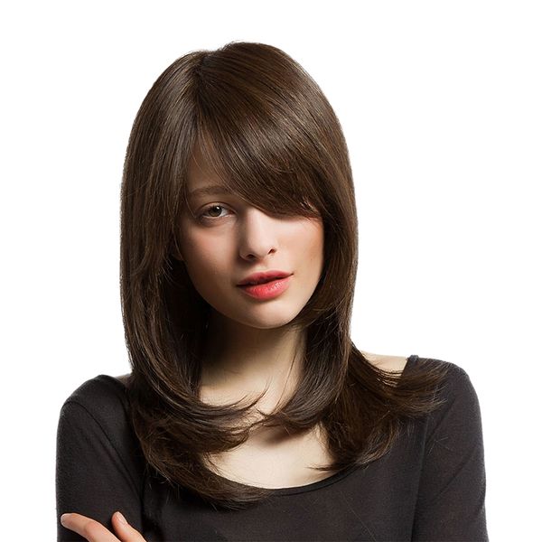 

18 inches women medium straight synthetic hair wigs lace front dark brown, Black