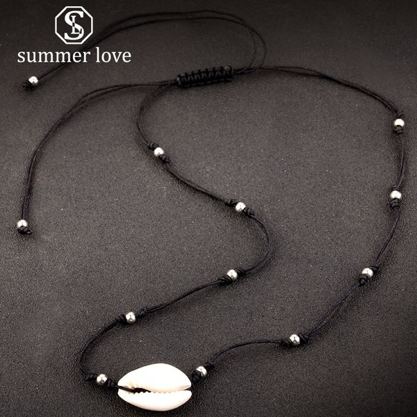 

bohemian beach shell pendant black rope chain necklace for women jewelry fashion woven silver color beads choker necklace