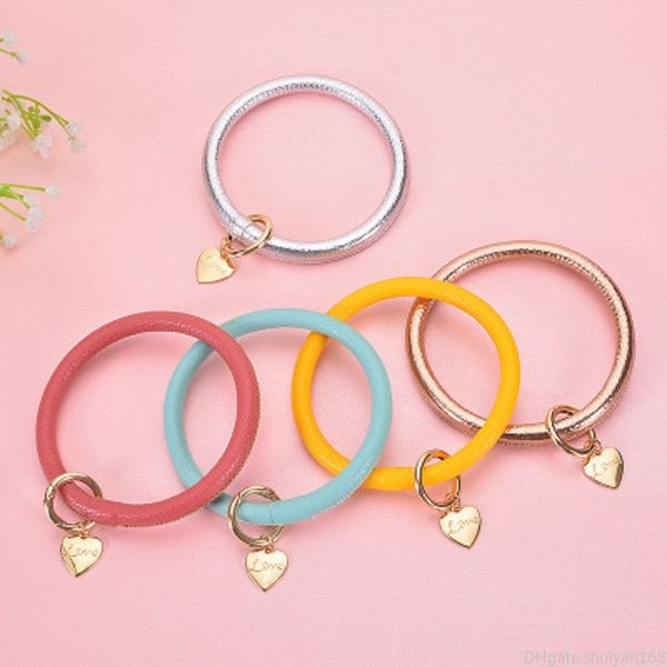 

pu leather heart charm bracelet keyring bangle keychain charm pure color wristbands sports bangle key rings fashion jewelry accessories gift, Golden;silver