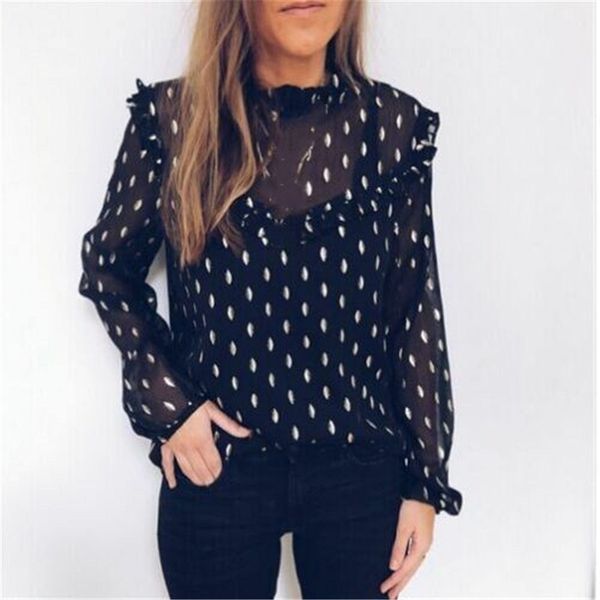 

women boho beach blouses autumn spring chiffon elegant polka dot wear ruffles ladies long lantern sleeve femininas shirts, White