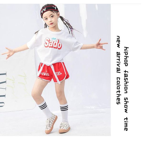 

kids jazz dancing costumes girls cheerleader ballroom hip hop dance clothes t shirt jogger pants children dance outfits, Black;red