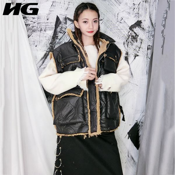 

hg korean style lambswool splice vest women multi pocket fashion new sleeveless women thicken winter clothes xj2446, Black;white