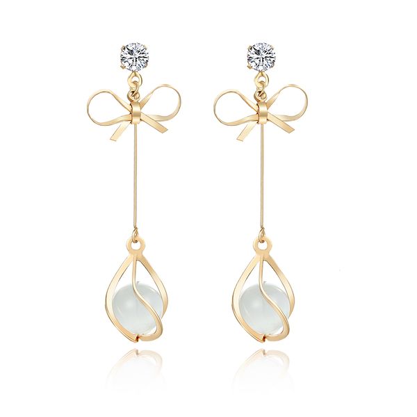 

184 fashion korean bowknot long drop earrings for women with natural stone wedding anniversaries jewelry elegant earrings, Silver