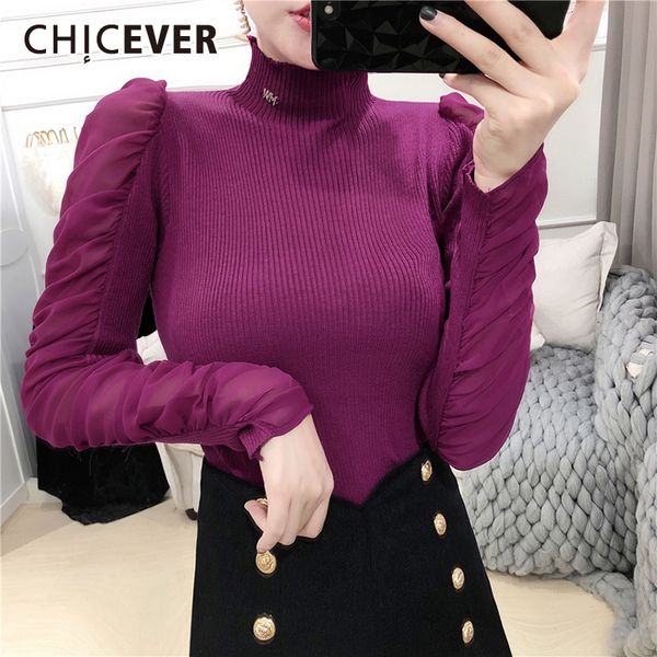 

chicever korean patchwork sweater female turtleneck puff sleeve slim knitting oversize casual womens pullovers 2019 autumn new, White;black