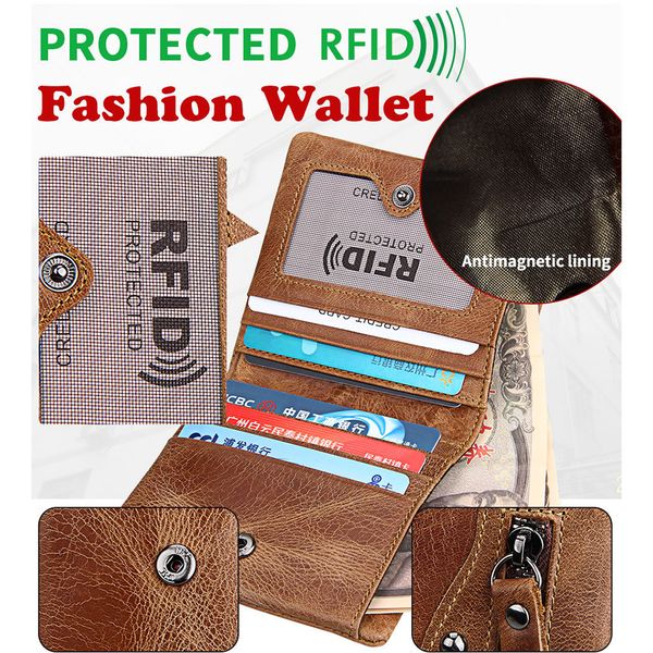 

genuine leather vintage men fold over business wallet rfid blocking zipper purses multi-card holder banknote pockets short cowhide pouches, Red;black