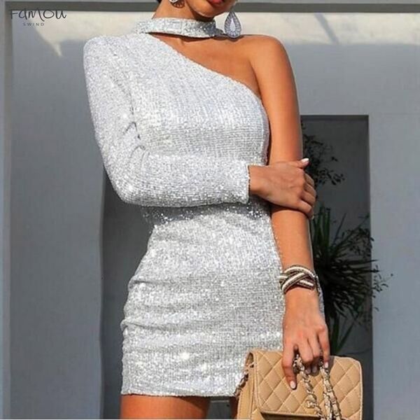 

new women nightclub one shoulder long sleeve knee length bag hip backless silver silk summer elegant slim dress, Black;gray