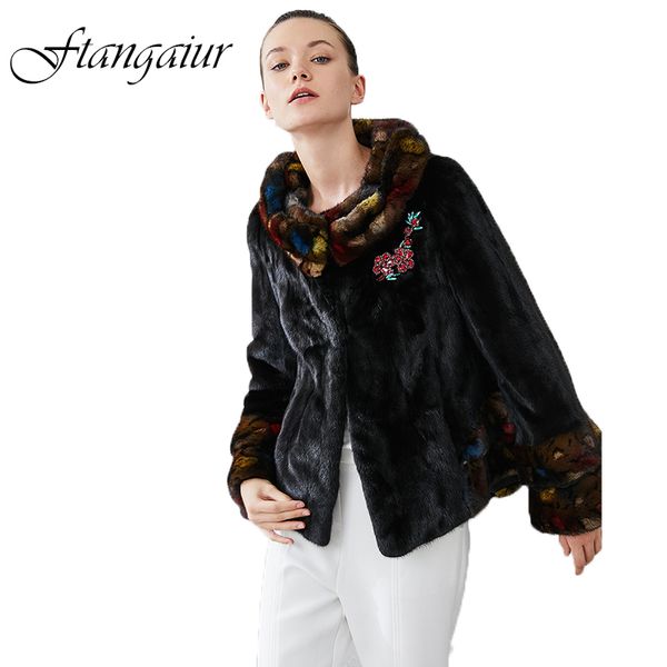 

ftangaiur 2019 winter imported velvet coat patchwork pattern o-neck loss mink coat women's short real coats, Black