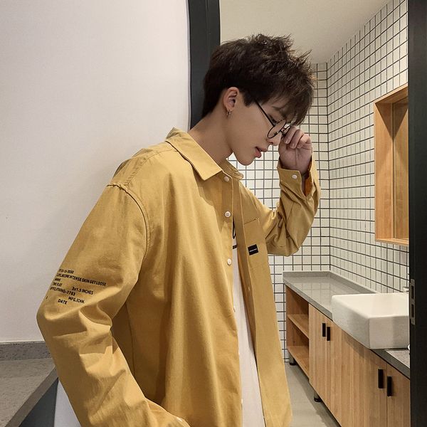 

korean solid yellow casual men shirt simple cotton loose long sleeve button shirts blusa masculina retro men clothes mm60ncs, White;black