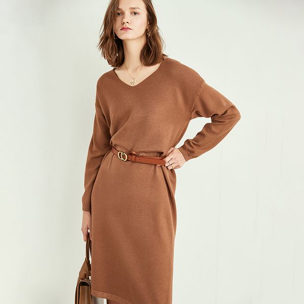 

19 autumn and winter new v-neck thick cashmere sweater long paragraph bottoming shirt ladies sweater wool pullover loose knit dress, White;black