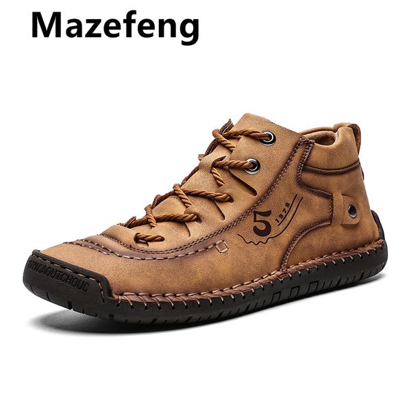 

boots men casual leather shoes winter fashion comfortable flat lace-up male sneaker hiking plus size 48, Black