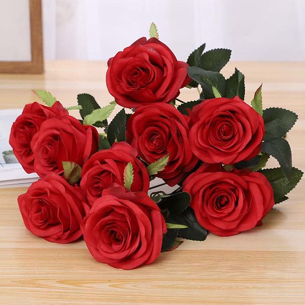 

8cm 10 heads artificial flowers silk roses for wedding hand flower bridal bouquet home decor christmas decoration 50cm long