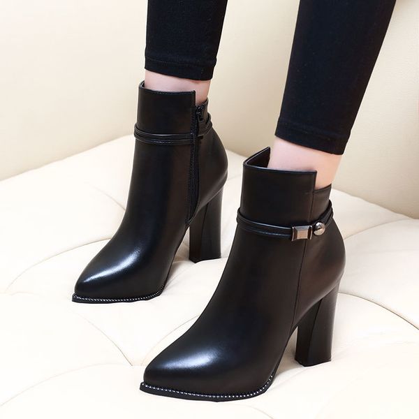 

women 7cm/9cm high heel pointed toe ankle fashion side zipper dress boots short plush winter black leather shoes ch-a0000 t200425