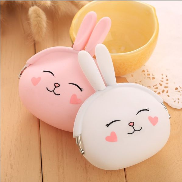 

korean cute rabbit silicone coin purse round tin iron box purse mini wallet key bag coin money storage bag q candy box wallet, White