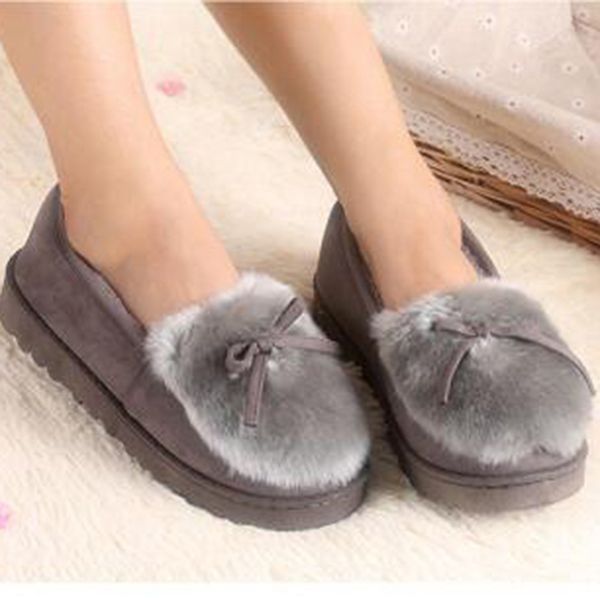 

winter warmer cotton slippers snow boots flats shoes women soft fur plus bow warm shoes women flat heel round head peas, Black