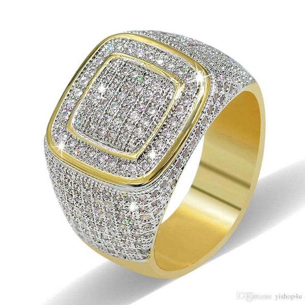 

18k gold plated classic iced out bling bling ring mens micro pave cubic zirconia simulated diamonds hip hop rings, Golden;silver