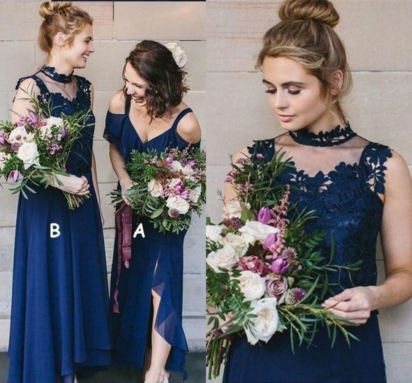

navy blue lace chiffon bridesmaid dresses for summer boho weddings a line pleats high low maid of honor gowns plus size cheap, White;pink