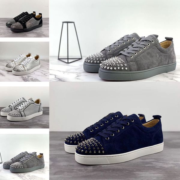 

2019 with red bottom casual low cut stud flat red bottom men and women leather shoes party designer shoes, Black