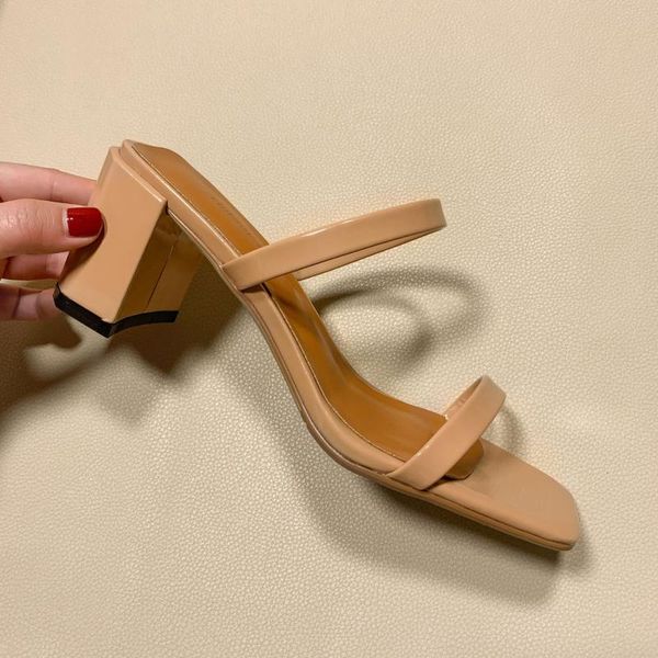

genuine leather square head semi-high heeled sandals chunky heel word with lazy women's shoes slippers, Black