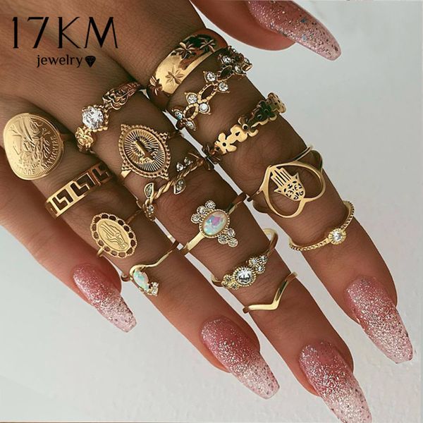 

boho gold heart midi ring sets for women new anillos vintage leaf flower crystal opal knuckle rings female 2019 bohemian jewelry, Golden;silver