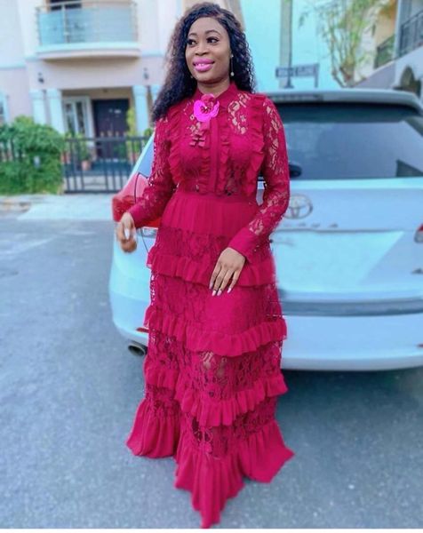 

2019 big size new style classic african women's dashiki fashion lace edge stitching long dress, Red