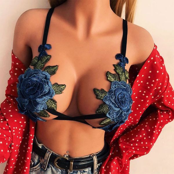 

women erotic open cup cage bra layered embroidered flower applique bandage bustier backless deep v-neck lingerie bralette, Red;black