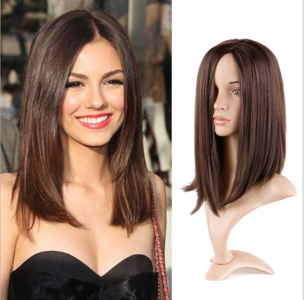 

new designer women long straight hair wig 16inch fashion wigs brown middle split sell heat resistant silk synthetic rose net, Black