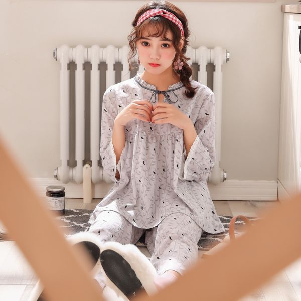

summer new princess elegant nightwear women cotton home shirt 2pcs clothing&pant sleepwear babydoll pajamas suit lingerie l-xxl, Blue;gray