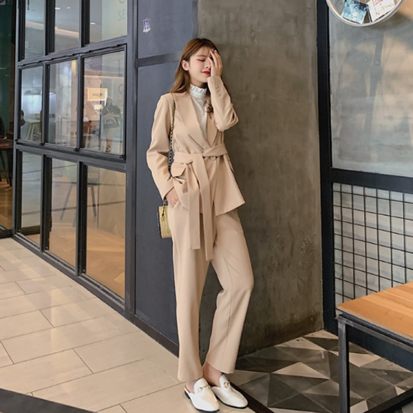 

autumn winter women lace up pant suit notched blazer jacket & pant office wear suits female sets db273, White;black