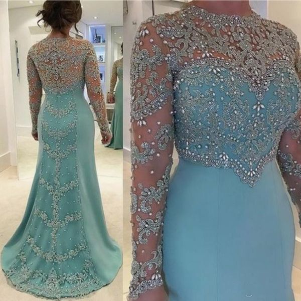 

2019 mint green vintage mermaid mother of the bride dresses long sleeve beads crystal lace appliqued plus size evening gowns for women, Black;red