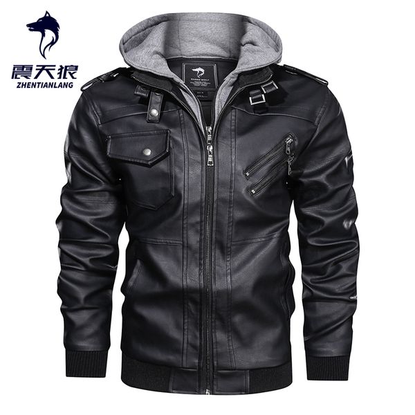 

autumn winter motorcycle leather jacket men windbreaker hooded pu jackets male outwear warm faux leather jackets 2020, Black