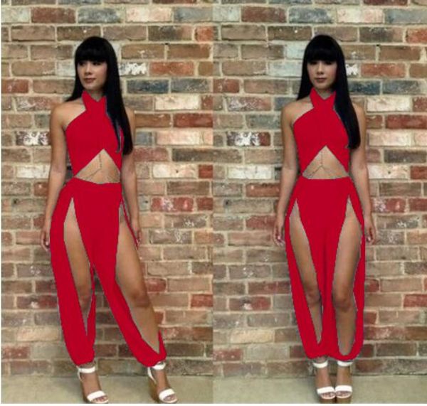 

красный длинные женщины комбинезоны 2019 плюс размер сексуальные брюки холтер шеи плеча рукавов rompers повседневный костюм для подвижных иг, Black;white