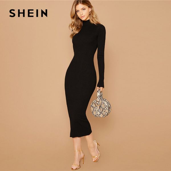 

shein black stand collar ribbed knit bodycon dress women autumn solid long sleeve office ladies form fitted pencil long dresses, Black;pink